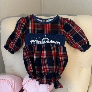 Smocked Flamingo Navy & Red Plaid Smocked Nativity Baby Bubble